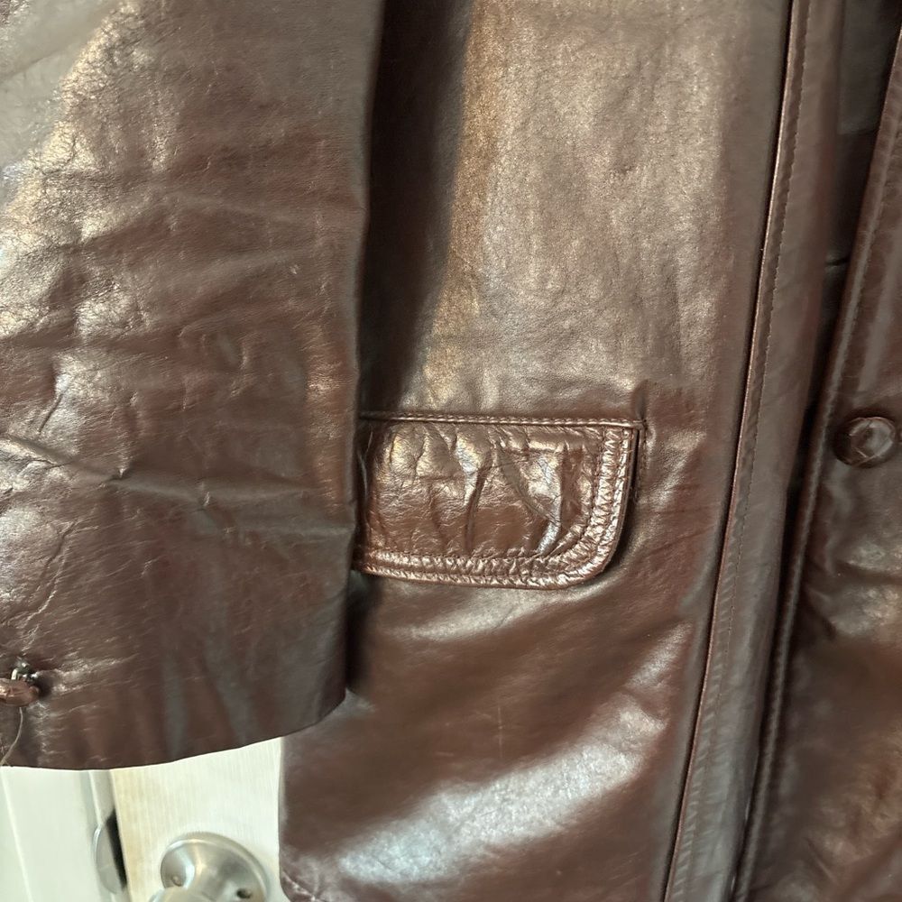True vintage Leather Ranch Coat Sherpa Lined Western Car Coat Brown 70s USA - Picture 5 of 8